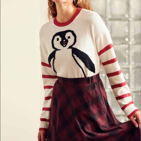 ModCloth Penguin Sweater Red Cream Stripes Holiday Size Small NWT - Picture 1 of 10